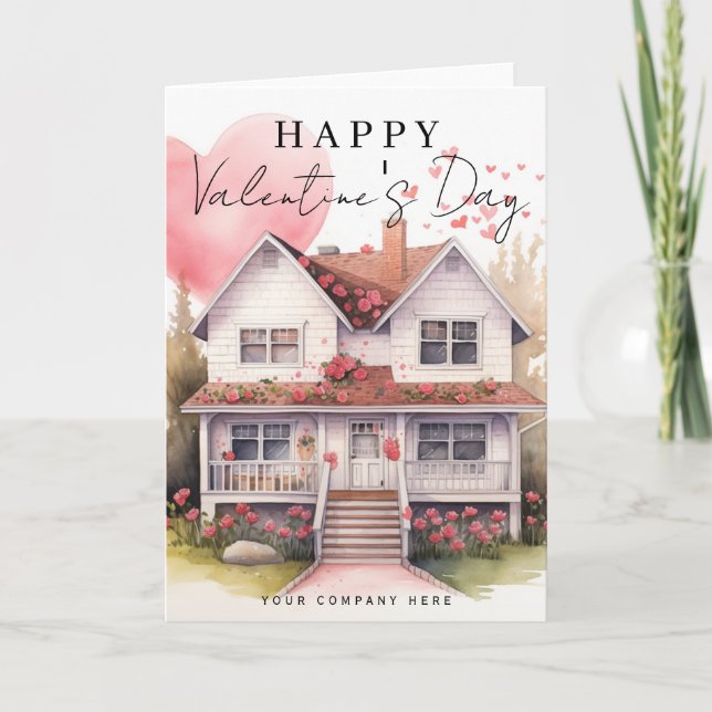 Valentine's Day Heart Watercolor House Realty Holiday Card (Front)