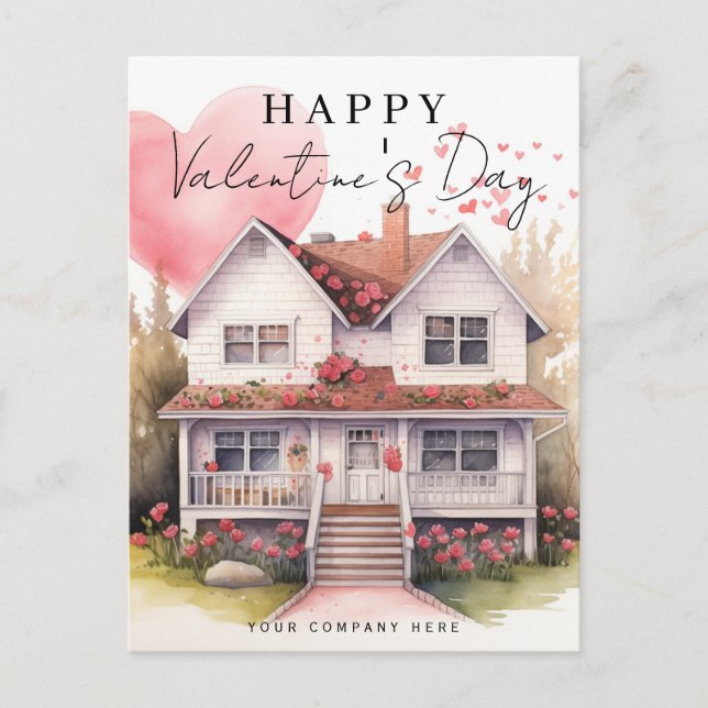 Valentine's Day Heart Watercolor House Realty Holiday Postcard (Front)
