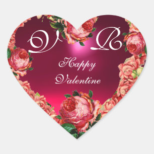 VALENTINE'S DAY HEART WITH PINK ROSES MONOGRAM STICKER