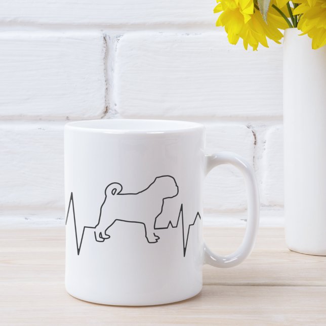 Valentine's Day Heartbeat Line Art Pug Breed Dog Coffee Mug (Creator Uploaded)