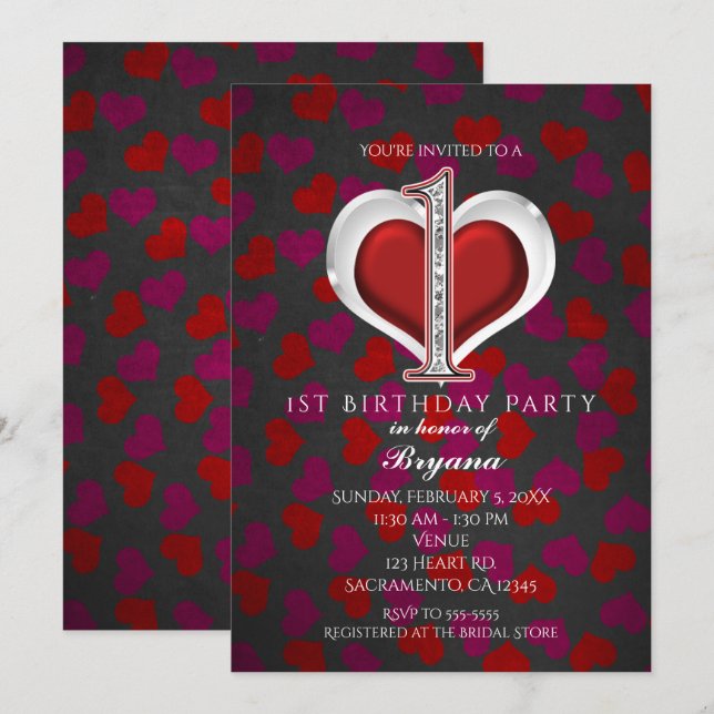 Valentine's Day Hearts 1st Birthday Invitations (Front/Back)