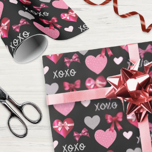 Valentine's Day Hearts and Ribbons Pink Red Black Wrapping Paper