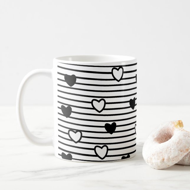 Valentines Day Hearts Black White Stripes Pattern Coffee Mug (With Donut)