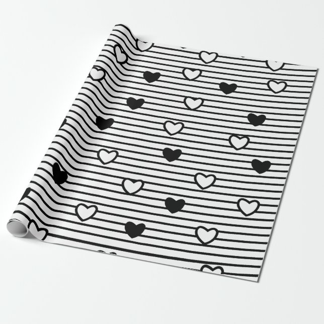Valentines Day Hearts Black White Stripes Pattern Wrapping Paper (Unrolled)