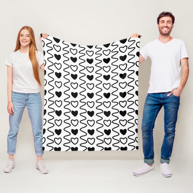 Valentines Day Hearts Chevron Black White Pattern  Fleece Blanket (In Situ)