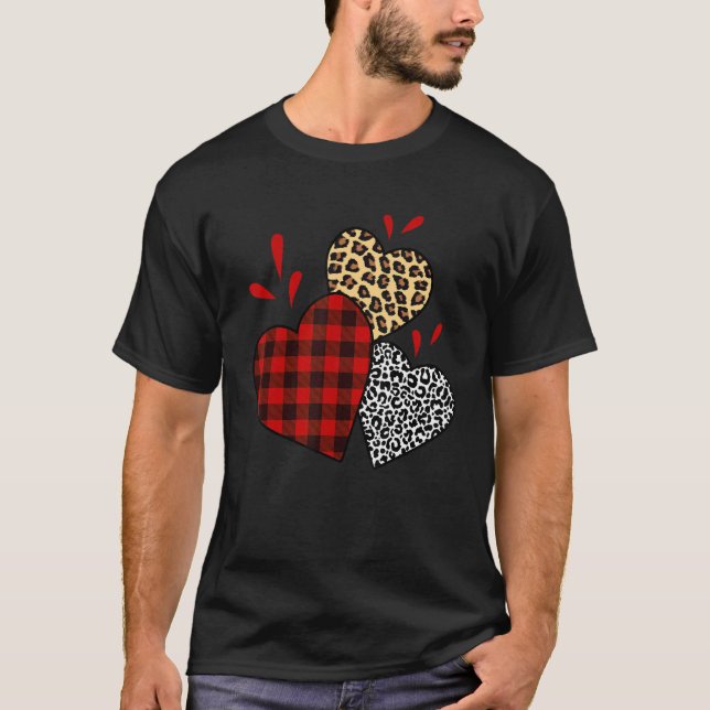 Valentines Day Hearts Cute Buffalo Leopard Plaid H T-Shirt (Front)