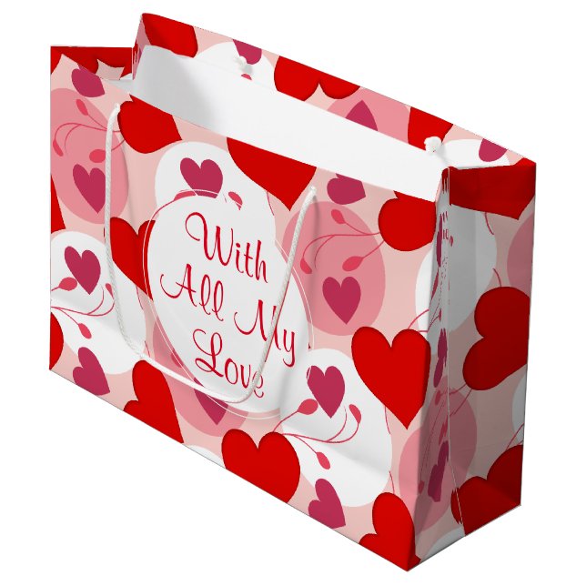 Valentine's Day Hearts in Red & Pink Large Gift Bag (Front Angled)