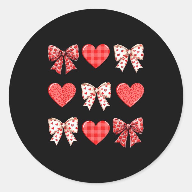 Valentines Day Hearts Leopard Coquette Bow Women G Classic Round Sticker (Front)