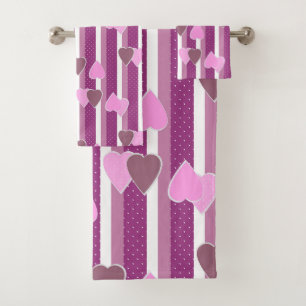 Valentine's Day hearts on striped background Bath Towel Set