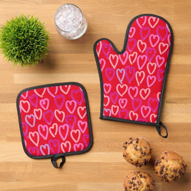 Valentines Day Hearts  Oven Mitt & Pot Holder Set (Top Down)