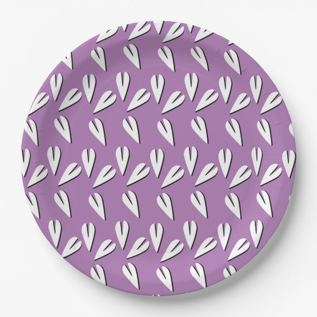 Valentines Day Hearts Pattern Purple White Paper Plate (Front)