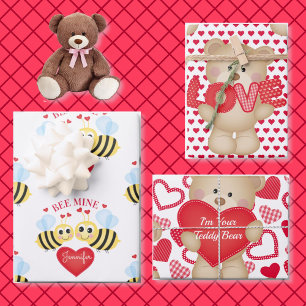 Valentine's Day Hearts Personalise Name Teddy Bear Wrapping Paper Sheet