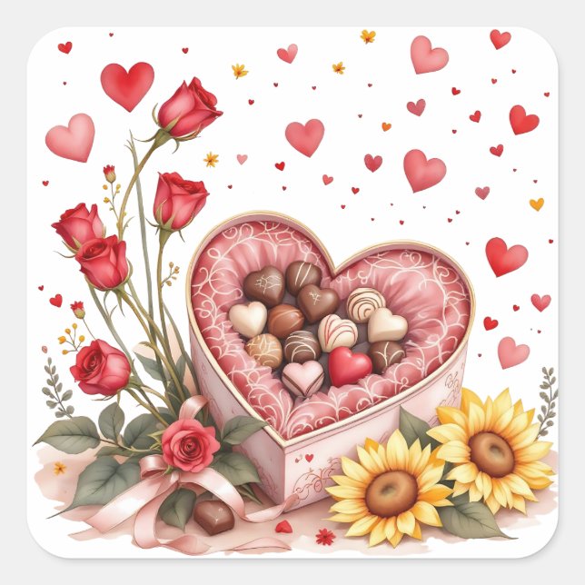 Valentine's Day Hearts, Roses and Chocolates  Square Sticker (Front)