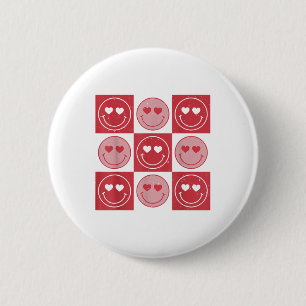 Valentines Day Hippie Groovy Smile Face Heart Chec 6 Cm Round Badge