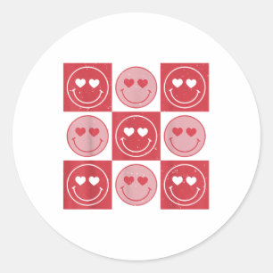Valentines Day Hippie Groovy Smile Face Heart Chec Classic Round Sticker