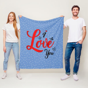 Valentines Day I Love You Red on Blue White Stars Fleece Blanket
