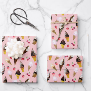Valentine's Day Ice Cream Hand-Drawn Watercolor    Wrapping Paper Sheet
