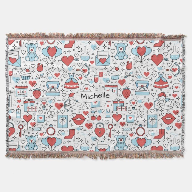 Valentine's Day Icons custom name throw blanket (Front)