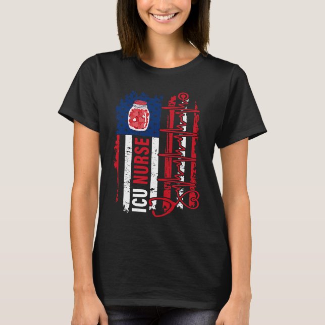 Valentines Day ICU Nurse Stethoscope American Flag T-Shirt (Front)