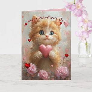 Valentine's Day Kitten Red Hearts Pink Roses Card