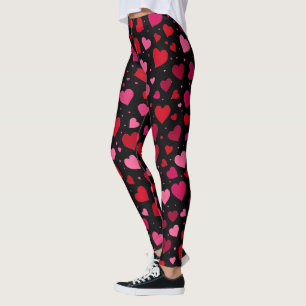 Valentine's Day Leggings, Pink & Red Hearts Black  Leggings