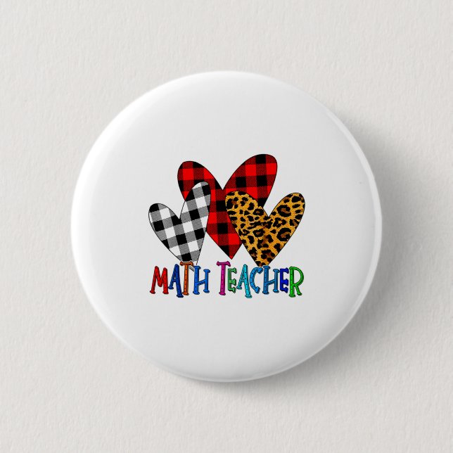 Valentines Day Leopard Math Teacher Buffalo Plaid  6 Cm Round Badge (Front)