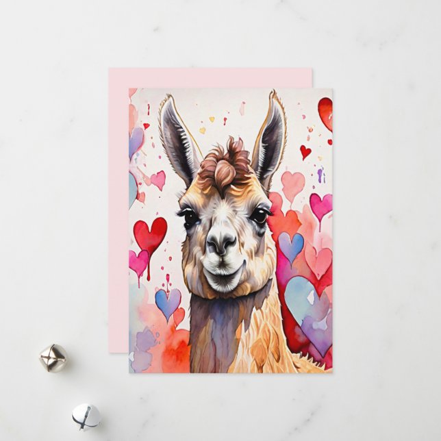 Valentine's Day Llama Watercolor Hearts  Two-Tone Holiday Card (Front/Back In Situ)