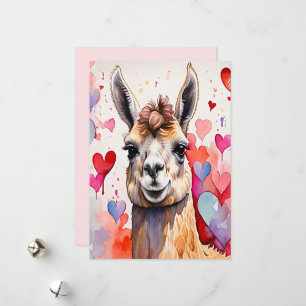 Valentine's Day Llama Watercolor Hearts  Two-Tone Holiday Card