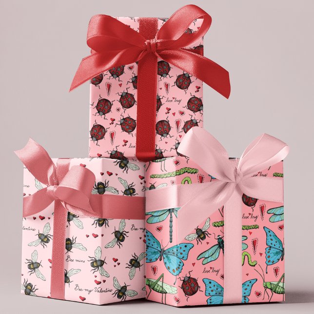 Valentines Day Love Bug and Bee Mine Insects Pink Wrapping Paper Sheet (Creator Uploaded)
