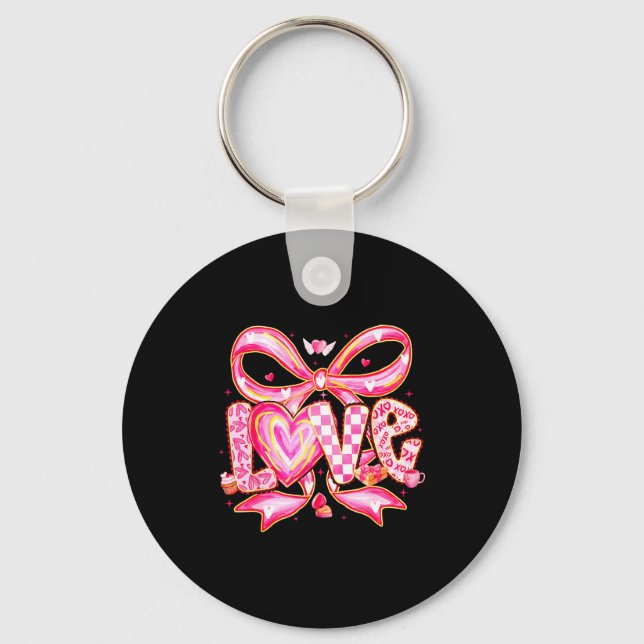 Valentines Day Love Funny Coquette Bow Checkered X Key Ring (Front)