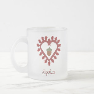 Valentines Day Love Heart Acorn Custom Name Frosted Glass Coffee Mug