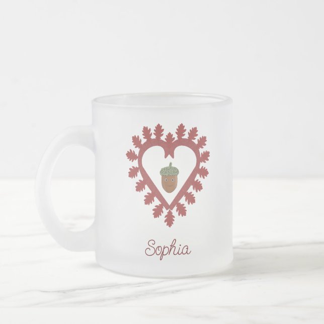 Valentines Day Love Heart Acorn Custom Name Frosted Glass Coffee Mug (Left)
