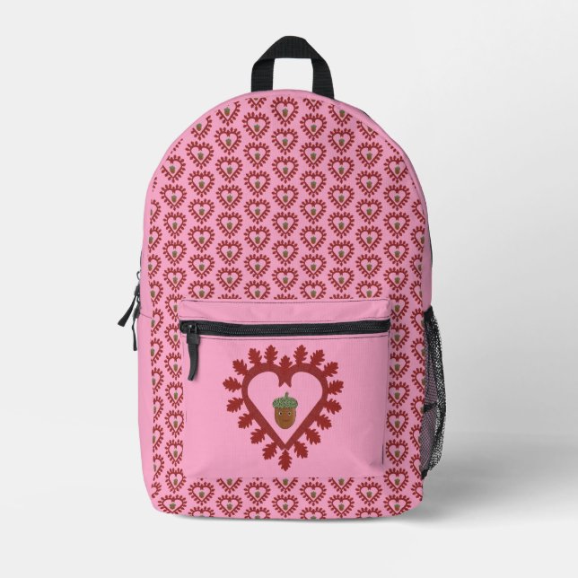 Valentines Day Love Heart Acorn Patterned Printed Backpack (Front)