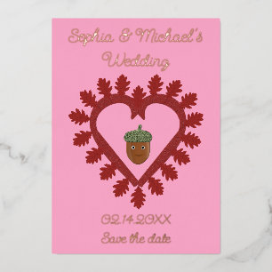 Valentines Day Love Heart Acorn Save the Date Foil Holiday Card