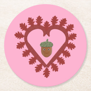 Valentines Day Love Heart Acorn Wedding Round Paper Coaster