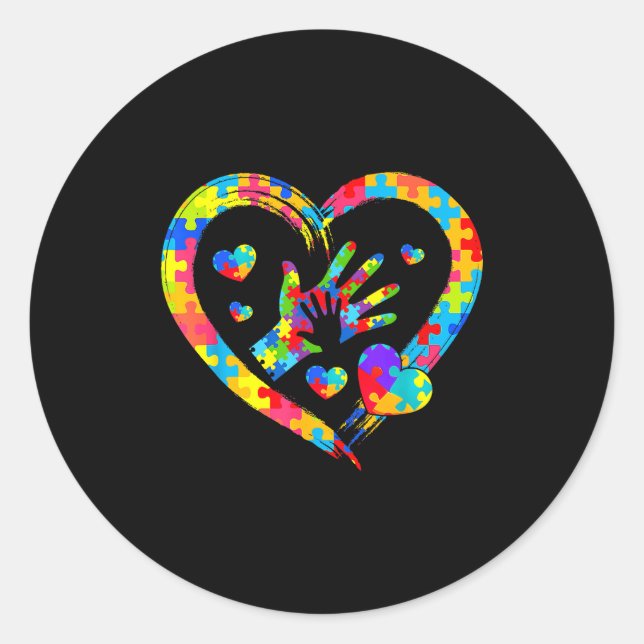 Valentines Day Love Heart Autism Awareness Puzzle  Classic Round Sticker (Front)