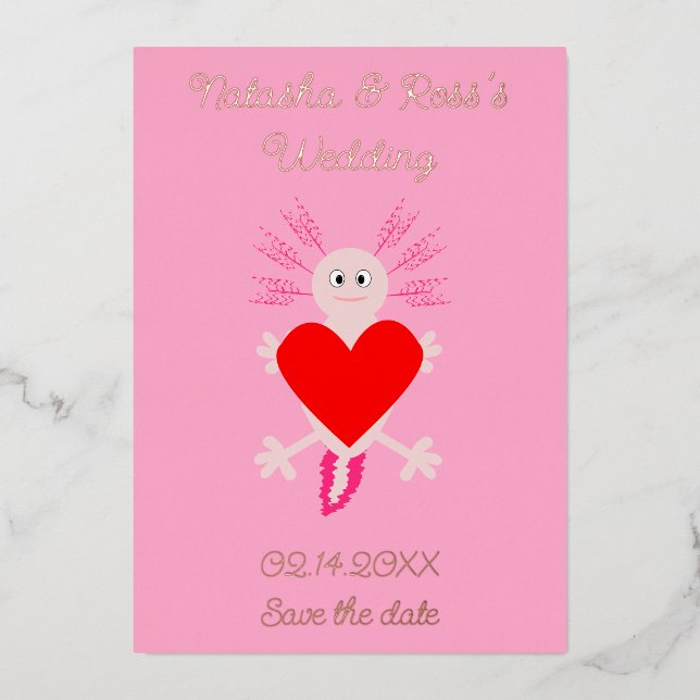 Valentines Day Love Heart Axolotl Custom Wedding Foil Holiday Card (Front)