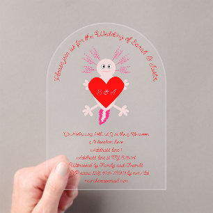 Valentines Day Love Heart Axolotl Monogram Wedding Acrylic Invitations