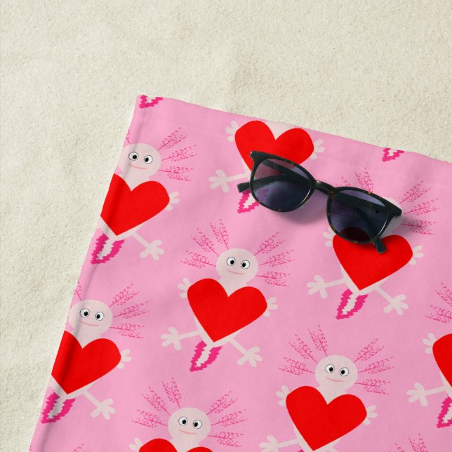 Valentines Day Love Heart Axolotl Patterned Beach Towel (In Situ)