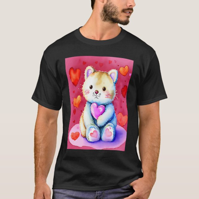 Valentine's Day Love Heart Cat Teddy Girlfriend Fi T-Shirt (Front)