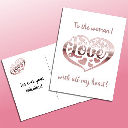 Valentines day love heart metallic rose gold white holiday postcard