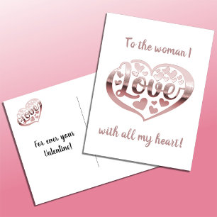 Valentines day love heart metallic rose gold white holiday postcard