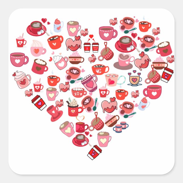 Valentines Day Love Heart Shape Coffee Design Square Sticker (Front)