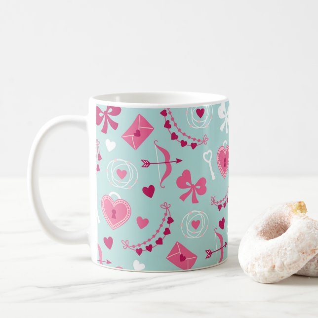 Valentine's Day Love Hearts Arrows Bows Pink Red Coffee Mug (With Donut)