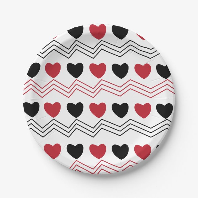 Valentines Day Love Hearts Chevron Stripe Party Paper Plate (Front)