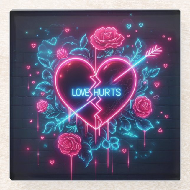 Valentine's Day Love Hurts Neon Heart Glass Coaster (Front)