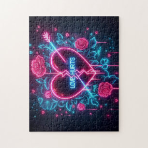 Valentine's Day Love Hurts Neon Heart Jigsaw Puzzle