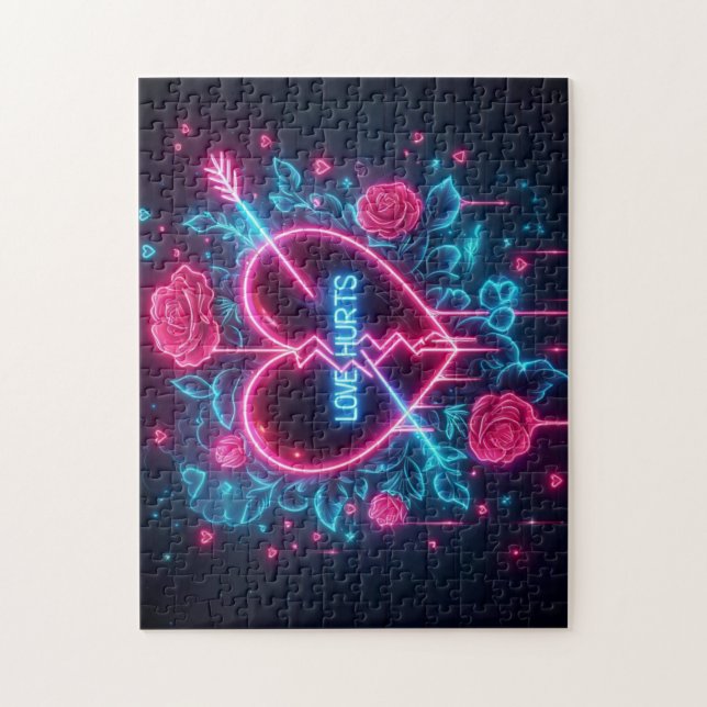Valentine's Day Love Hurts Neon Heart Jigsaw Puzzle (Vertical)