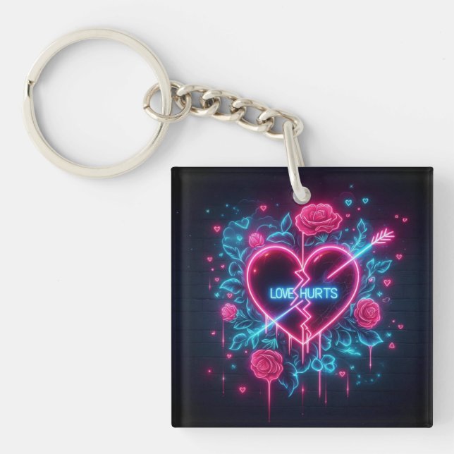 Valentine's Day Love Hurts Neon Heart Key Ring (Front)