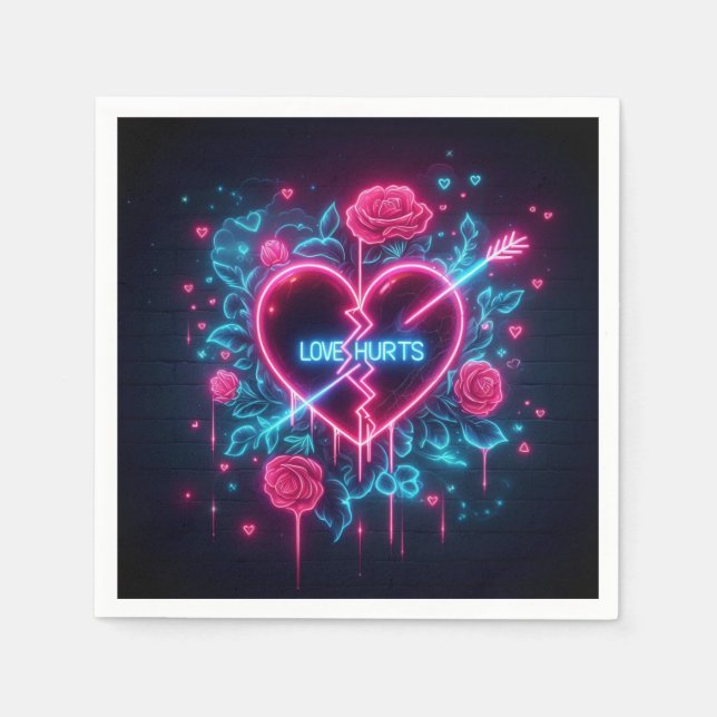 Valentine's Day Love Hurts Neon Heart Napkin (Front)